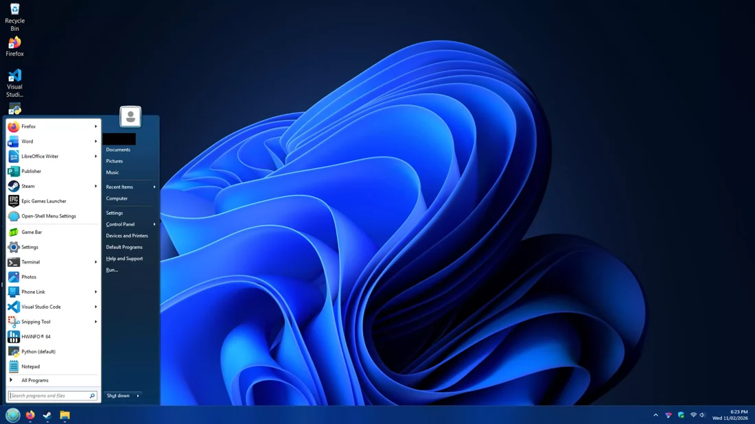 Classic Open-Shell Start menu alongside a Windows desktop